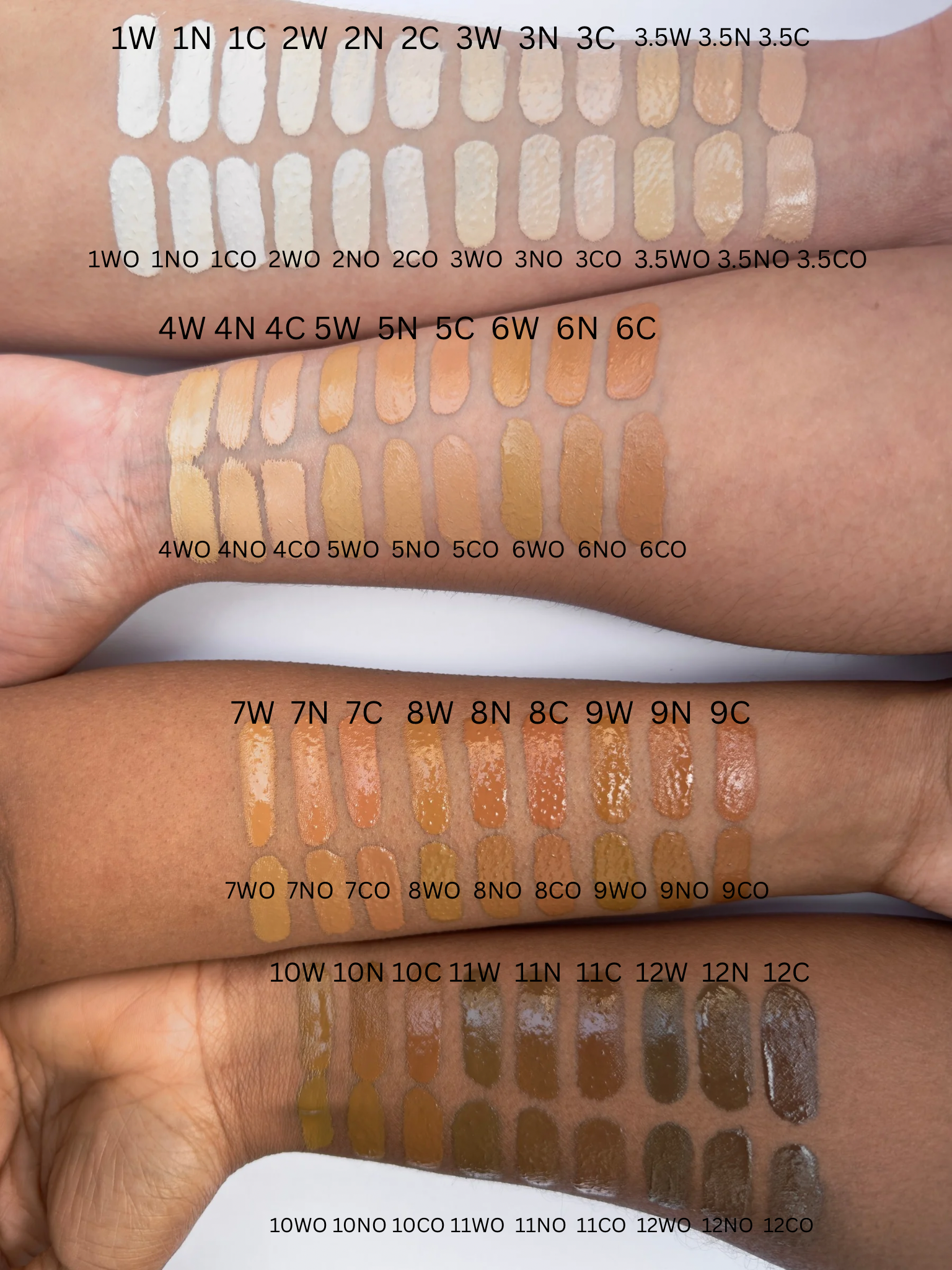 78 different foundation shades shown swatched across four arms of different skin tones from fair to deep in front of a white background, shades are labelled with shade names
