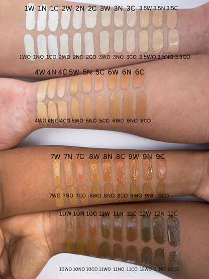 78 different foundation shades shown swatched across four arms of different skin tones from fair to deep in front of a white background, shades are labelled with shade names