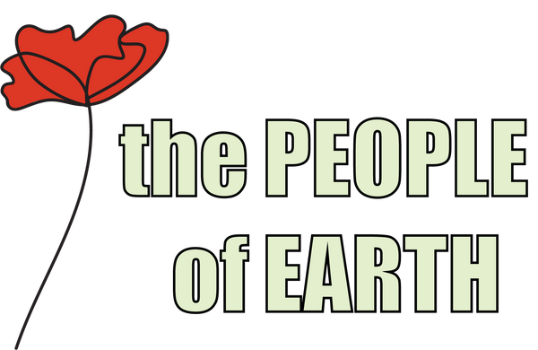 An illustrated red flower featuring text 'the PEOPLE of EARTH' text on a transparent background, The People of Earth's logo